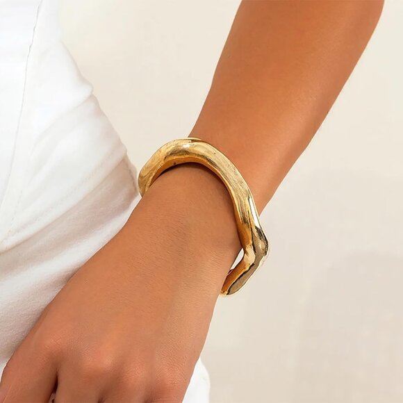 Gold Chunky Wide Open Cuff Bracelet for Women, Irregular Design, Adjustable Gold - Picture 5 of 8